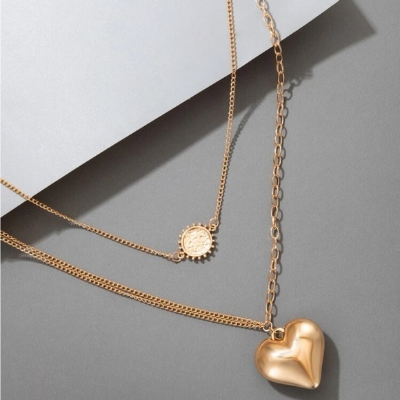 Gold Heart Pendant Disc Layered Necklace - Picture 2 of 2